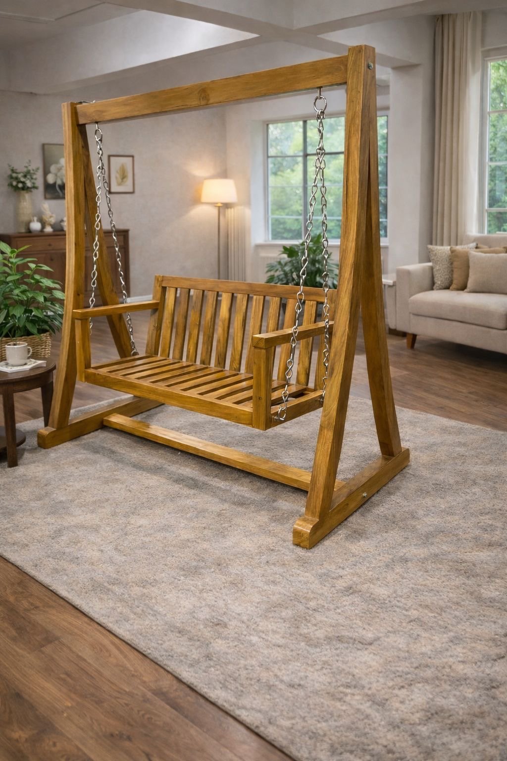 Indoor wooden porch swing bench.