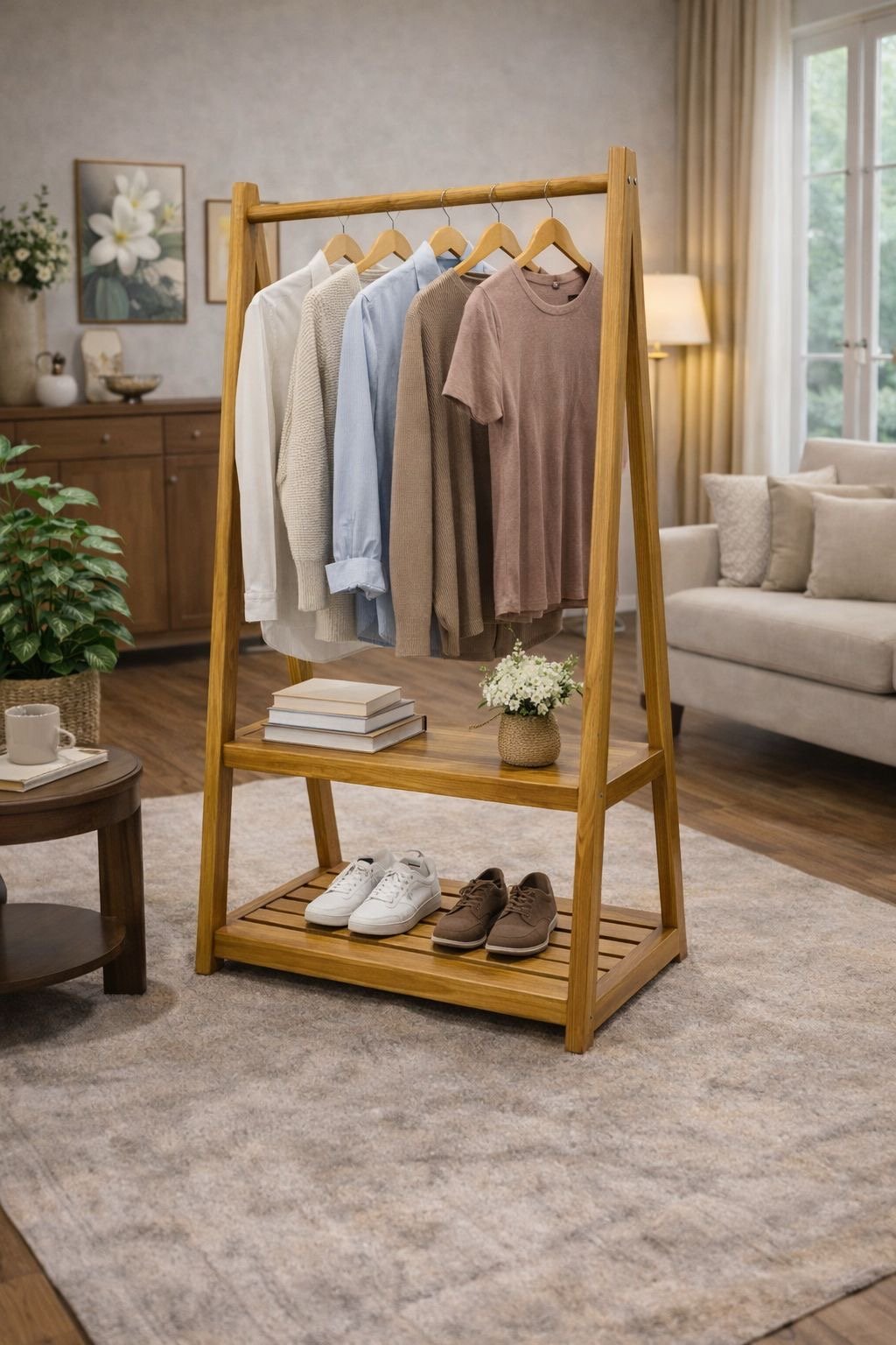 wooden garment rack