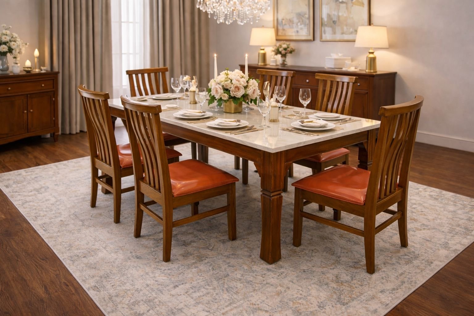 White marble with orange chairs