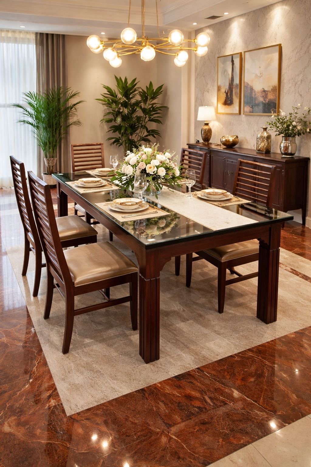 Glass top 6seater beige chairs