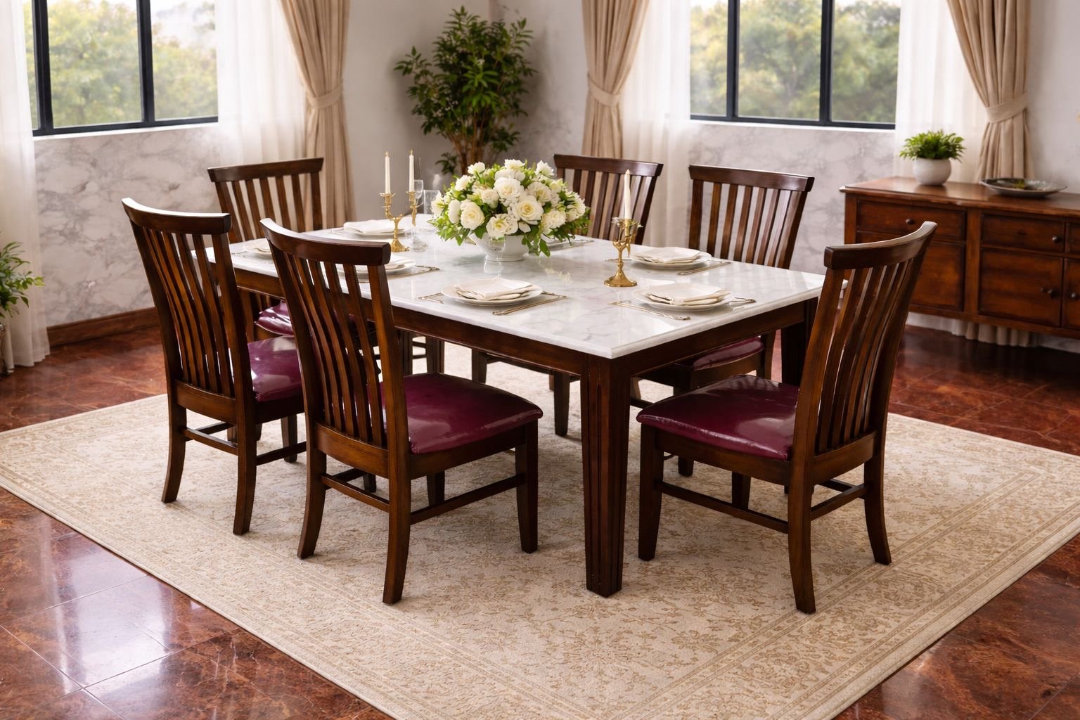 White marble with pink chairs