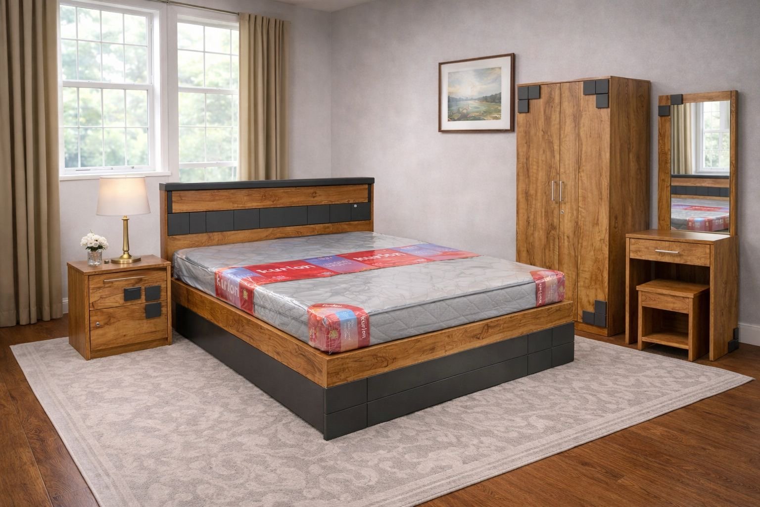 Modern wooden bed with storage drawers in the base.