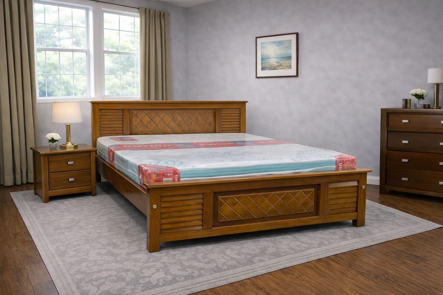 engineered wood slatted bed with diamond lattice headboard and footboard