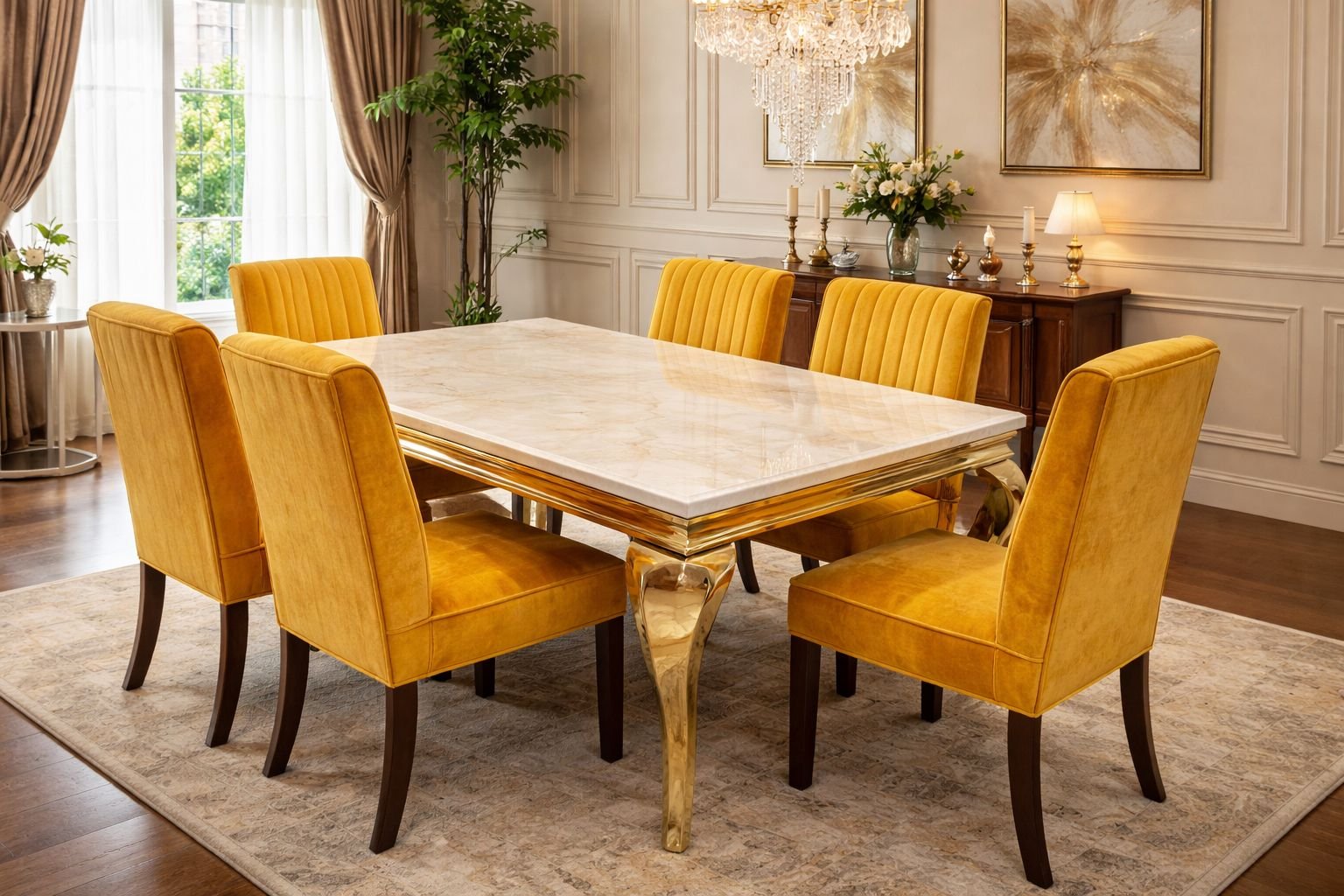 White Marble top dining table with gold-finished sculpted legs.