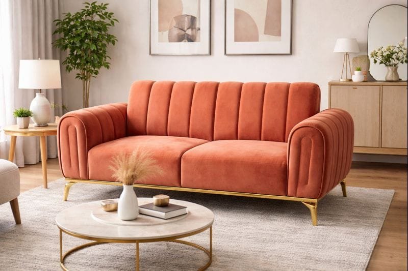 coral‑orange velvet three‑seater sofa