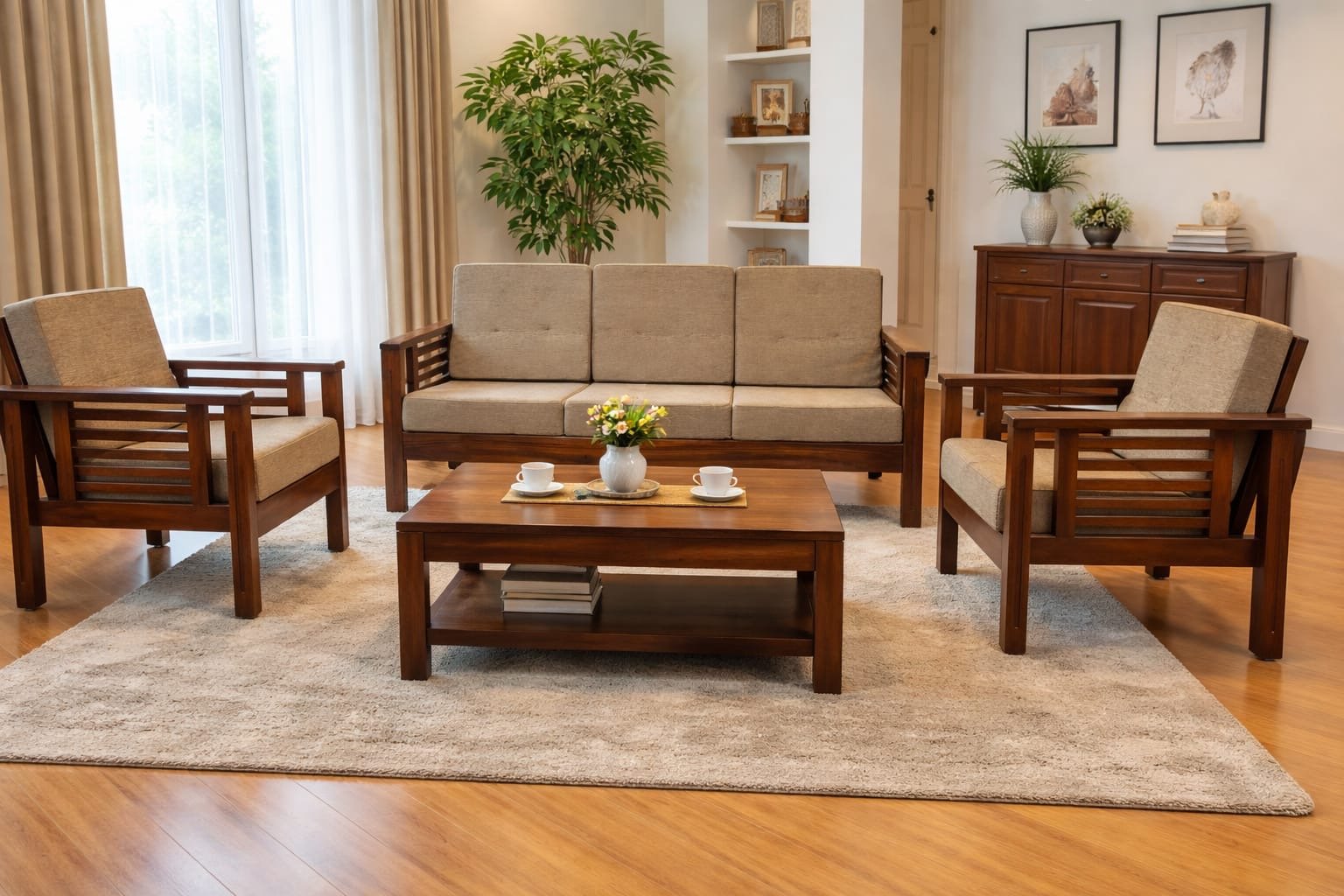 Wooden 3+1+1 sofa set