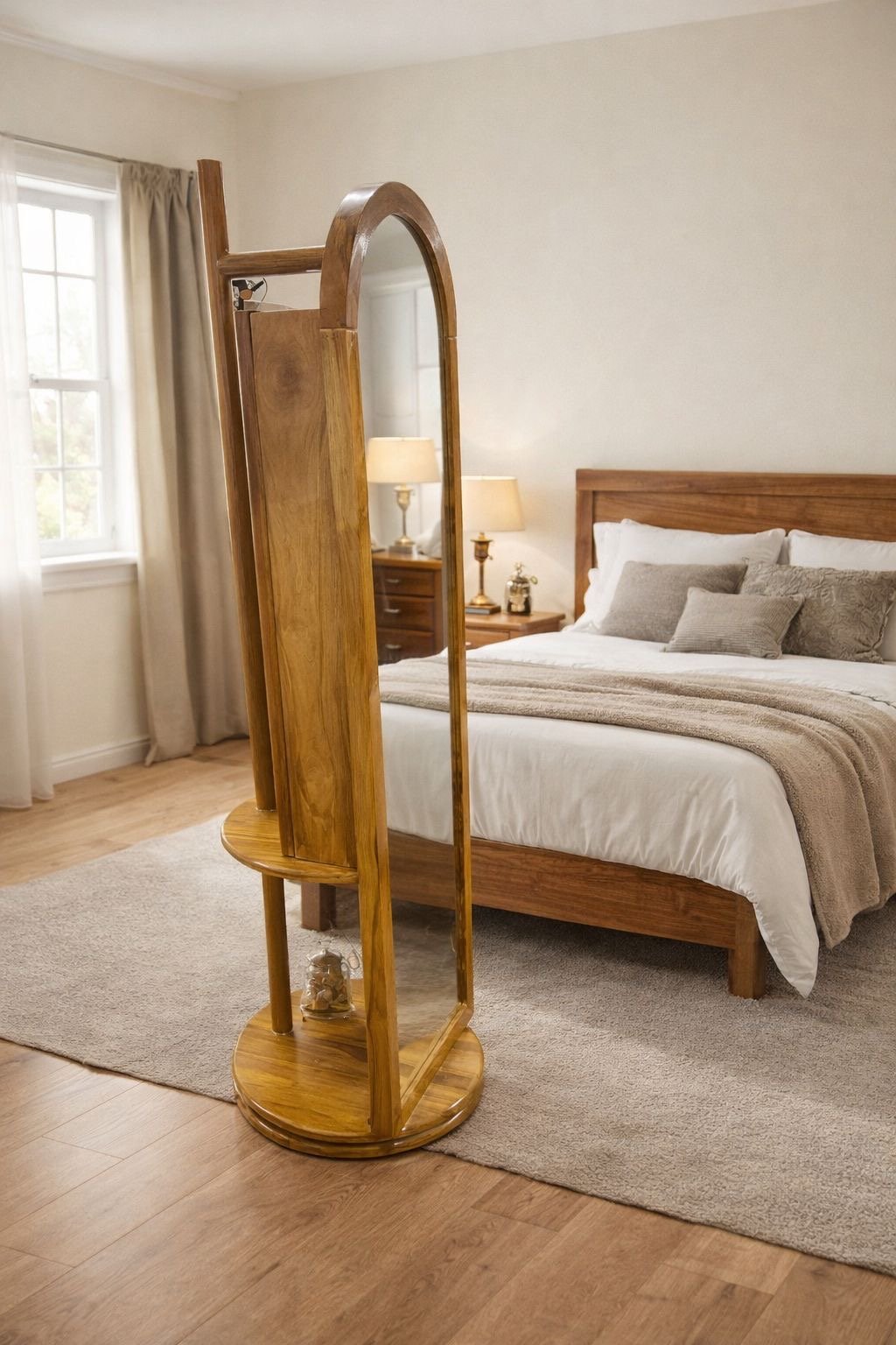 floor-standing arched mirror with shelves