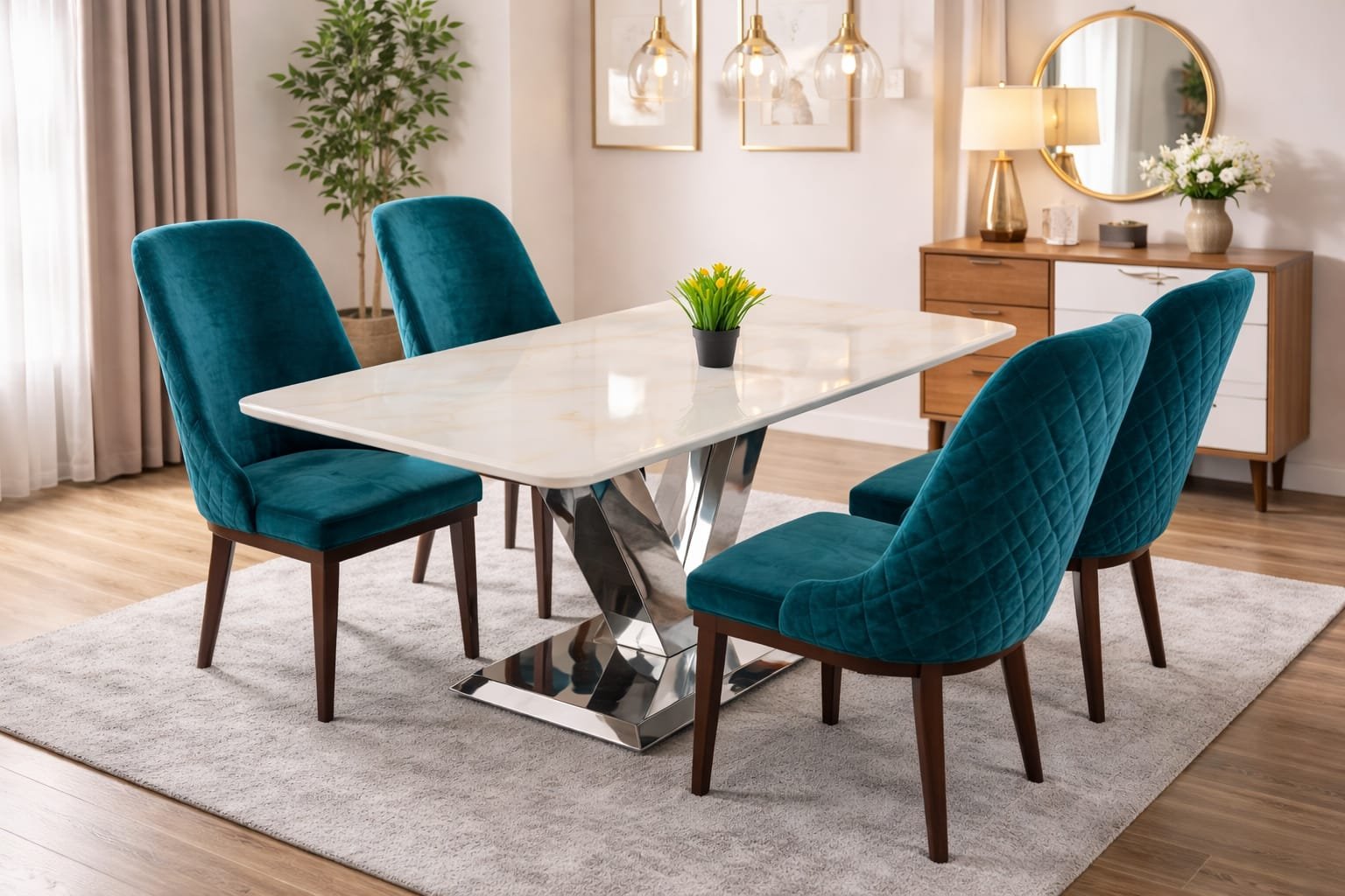 teal upholstered chairs with dark wooden legs.