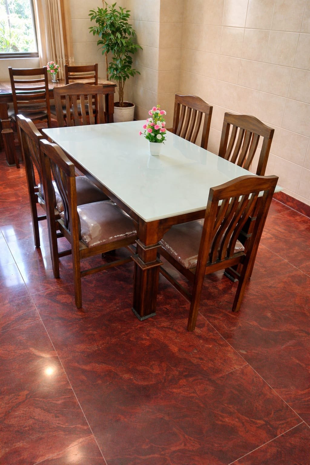 WHITE MARBLE TOP TABLE WITH MAROON CHAIRS