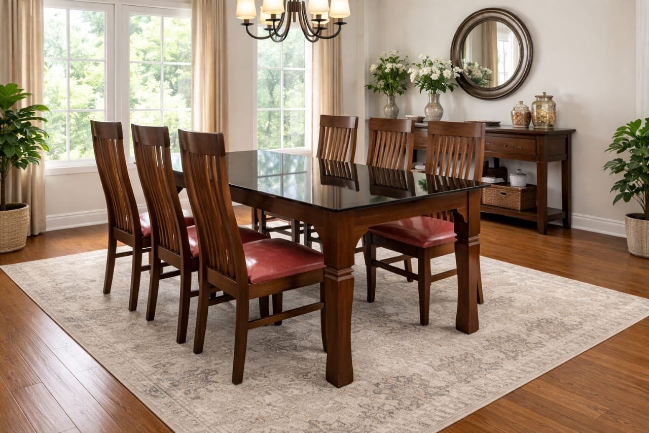 CLASSIC WOODEN 6 SEAT GLASS TOP DINING SET
