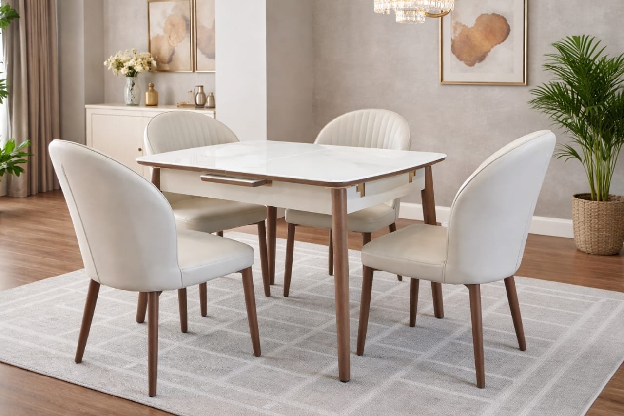 WHITE MARBLE TOP WOODEN DINING SET