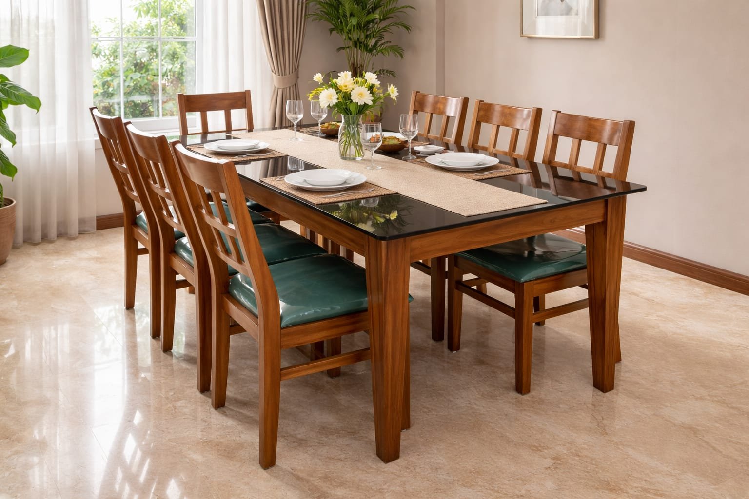 8-Seater Glass-Top Wooden Dining Set